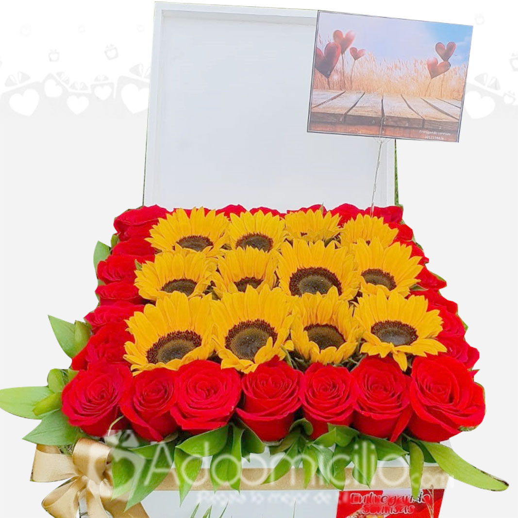 Arreglo Floral Con Rosas Y Girasoles en Baúl de Madera Decorada A Domicilio en Manizales